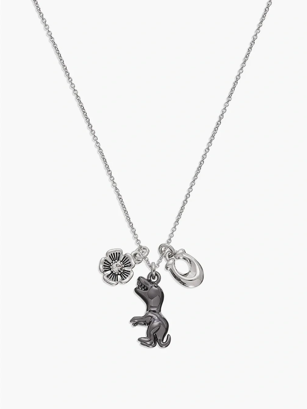 Coach Rexy, an engraved flower and a signature C charm necklace